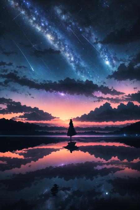 Wallpaper Fusion,  1girl,  cloud,  cloudy sky,  fantasy,  horizon,  night,  night sky,  outdoors,  reflection,  scenery,  shooting star,  silhouette,  sky,  solo,  standing,  star (sky),  starry sky,  sunset,  water, <lora:EMS-49411-EMS:1.000000>