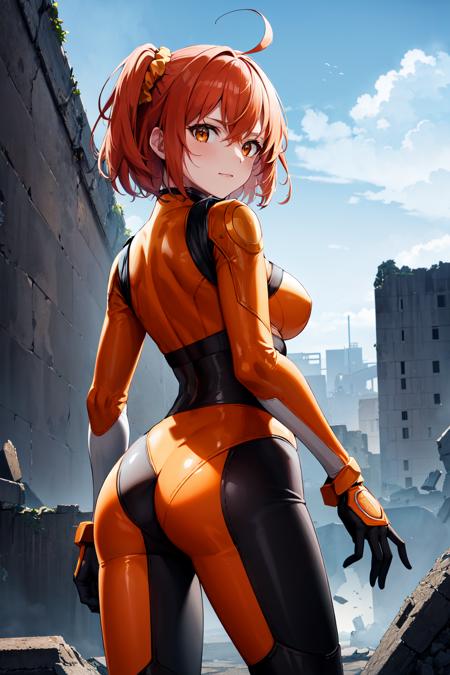 masterpiece, best quality, highres, aaritsuka, short hair, ahoge, hair scrunchie, orange scrunchie, medium breasts,  (orange bodysuit:1.2), black gloves, <lora:fujimaru_ritsuka_(female)_v1:0.7>, ruins, standing, ass, from behind, looking at viewer,