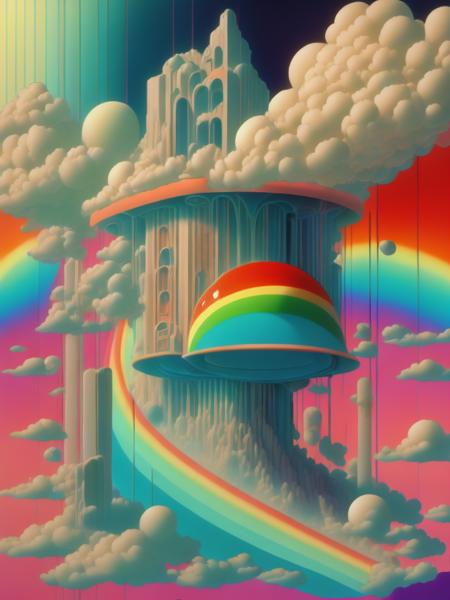 <lora:AngusMcKie:1>vintage anime 1970s rainbow room floating the clouds, in the center is an irridescent geometric structure and sculpture