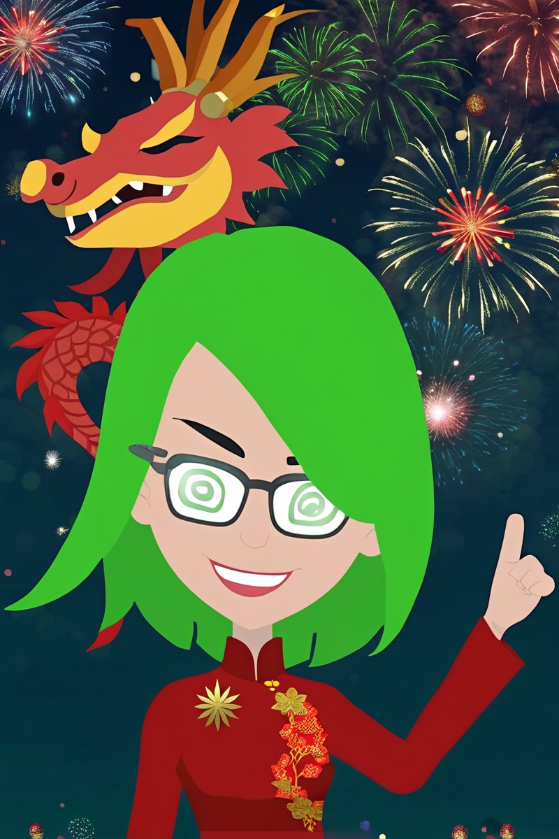 <MidorikoXL:1.0) Midoriko, green hair (spiral pattern glasses:1.2), red Cheongsam, Red chinese dragon overhead, new year f...