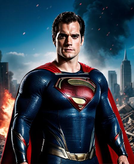 Henry cavill superhero,cape long red, upper body,cinematic, movie, grain movie (2023s)1boy, building destroyed , realistic , (8k, RAW photo, best quality, masterpiece:1.2), (realistic, photo-realistic:1.33), best quality, detailed eyes blue, cute,natural lighting, depth of field, film grain, wrinkled skin, sharp,