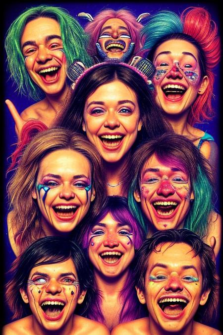 (360 panorama, 3D stereoscopic:1.1), (extremely detailed:1.2), weird, (hyper-realistic:1.2), cute insanely happy (crazy acid:1.1) cult leader, perfect delicate freak faces, overwhelmingly happy grinning smiles, real high on drugs, trippy, very detailed, chaotic, LSD party scene