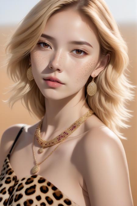 [Bare shoulder], 1 girl, adult woman, freckles,mole, ruby eyes, Light blonde hair, Buba,simple background,(cheetah print gradient background:1.1), (masterpiece,best quality:1.6),Satisfying, Canon EOS Rebel T7 DSLR Camera ,masterpiece, necklace ,earrings , ultra realistic,32k,RAW photo,(high detailed skin:1.2)