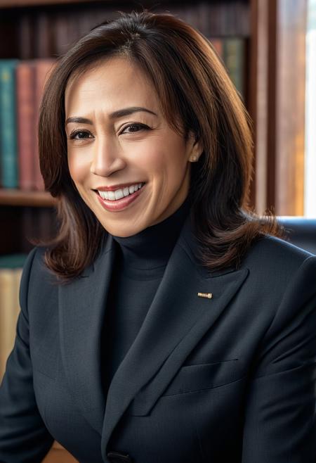 Professional Woman (((Kamala Harris))) weared dark three-piece suit with high-neck long-sleeve shirt in the library, soft light, golden hour, upper body, (close up:1.2), hdr, 4k textures, natural skin texture, skin pores, intricate, highly detailed, sharp focus, insane details, intricate details, hyperdetailed, hyperrealistic, photo, looking directly at the camera, realistic skin texture, wrinkles, laugh lines, big grin, red lips,