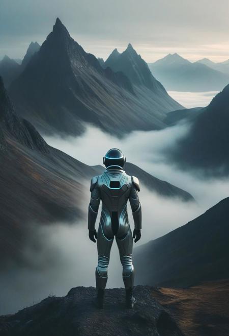 (Minimalist wide angle movie still), man in a futuristic suit, mountains, north nature, muted tones, warm light, cold colors, low contrast, foggy
