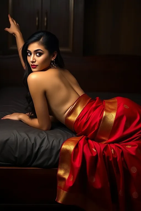 A captivating and elegant portrait of a woman lying on a wooden bed, adorned in a vibrant red saree with golden borders, accentuating her bare back. Her left leg is bent, while her right leg stretches out straight, creating a striking pose. Her serene expression and direct gaze towards the camera convey a sense of calm and allure. The dimly lit background highlights her beauty and the intricate details of her saree, creating an intimate and mesmerizing atmosphere.