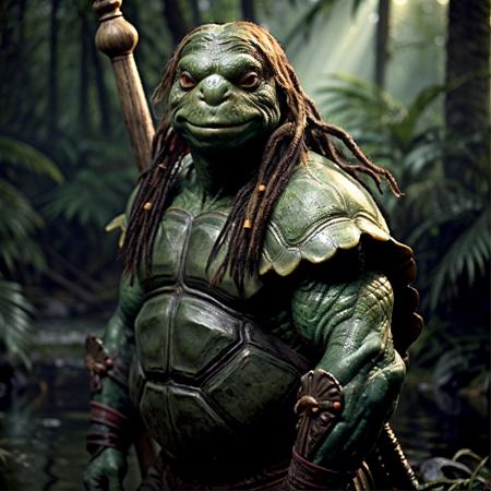 highly detailed  movie still of a (tortle:1.2) standing in a jungle wielding a spear and shield,

tortle, solo, dreadlocks, smiling, holding, weapon, holding weapon, armor, blurry, depth of field, blurry background, polearm, spear, realistic, holding polearm, chainmail

realistic:1.1, depth of field, blurry, blurry background,

in a swamp,

photorealistic,
ultra photoreal,
32k, natural light,
sunbeams,







