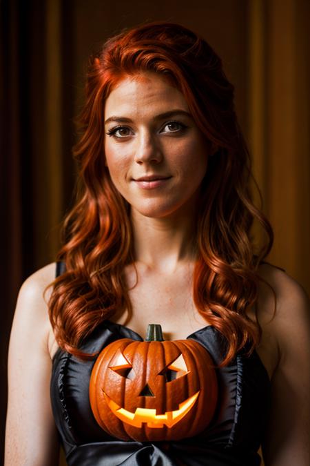 jack-o-lantern costume ,  hotel , day <lora:Rose_Leslie:1> masterpiece, best quality, detailed face, a mature r1873l, 1girl, solo, red hair,
