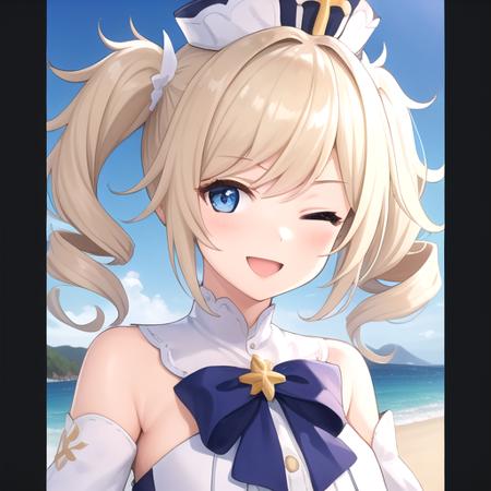 ((masterpiece)),(best quality),official art,extremely detailed CG,unity 8k wallpaper,ultra detailed,A lighthouse on a cliff by the sea,1girl,solo,upper body,(portrait:1.2),looking at viewer,twintails,one_eye_closed,blue_eyes,long_hair,;d,white_dress,white_pantyhose,blonde_hair,smile,star_\(symbol\),hat,twin_drills,drill_hair,bangs,latin_cross,blue bow,hair_ornament,frilled_dress,long_sleeves,bare_shoulders,white_headwear,detached_sleeves,medium breasts,<lora:Barbara(gen)>,