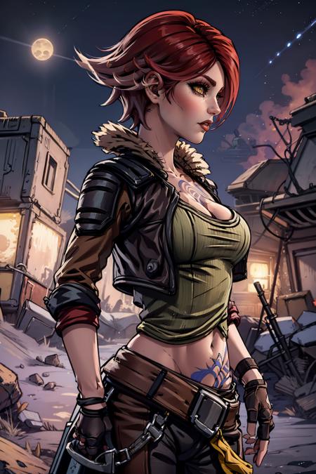 (masterpiece, best quality:1.2), <lora:lilith_(borderlands):.9>, lilith (borderlands),  1girl, breasts, cleavage, solo, cropped jacket, gloves, tattoo, navel, breast tattoo, fingerless gloves, red hair, pants, yellow eyes, makeup, jacket, lipstick, large breasts, midriff, belt, short hair, red lips, stomach tattoo, fur trim, collarbone, lips, open jacket, parted lips, arm tattoo, brown jacket, crop top, black gloves, open clothes, nose, brown pants, stomach, fur-trimmed jacket, buckle, cropped vest, belt buckle, bangs, mascara, outdoors, night, red sun, shooting star, profile,