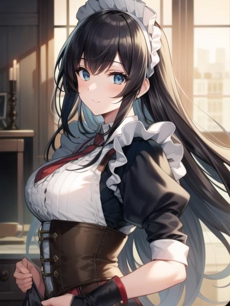 (hyper extreme detailed),(masterpeace),(hyper extreme),(photorealistic),CG,(colour:1.4), beautiful lighting,light from the front, solo,rating:safe, <lora:curacoa:0.6>,curacoa,lihgt black hair,long hair,maid,corset,boots,