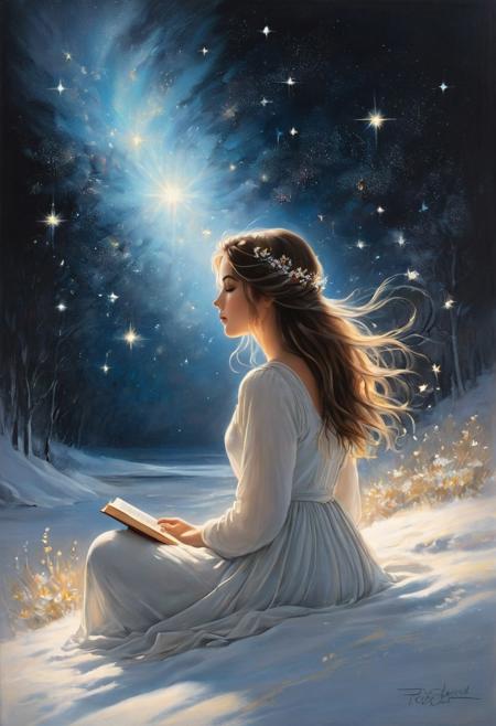 #pastel, #dry chalk drawing, #chalk on paper, #chalk shading, #chalk drawing, #tinted paper, #colored chalk drawing, #chalk shading,
Poster. Chalk drawings. A serene and enchanting scene featuring a young girl sitting on a cushion in a snowy landscape, reading a magical book. The girl has long, flowing hair adorned with delicate flowers and is dressed in a simple, elegant white dress. As she reads, a stream of glowing, ethereal light swirls from the book, forming a mesmerizing, colorful vortex filled with twinkling stars and sparkles. Nearby, more books are stacked, and a feather gently floats in the air.
What is the story behind this magical painting in the style of artists such as Giovanni Boldini, Andrey Atroshenko, Tanya Shatseva, Ross Trana, Anna Razumovskaya, Studio Ghibli Genshin Influence