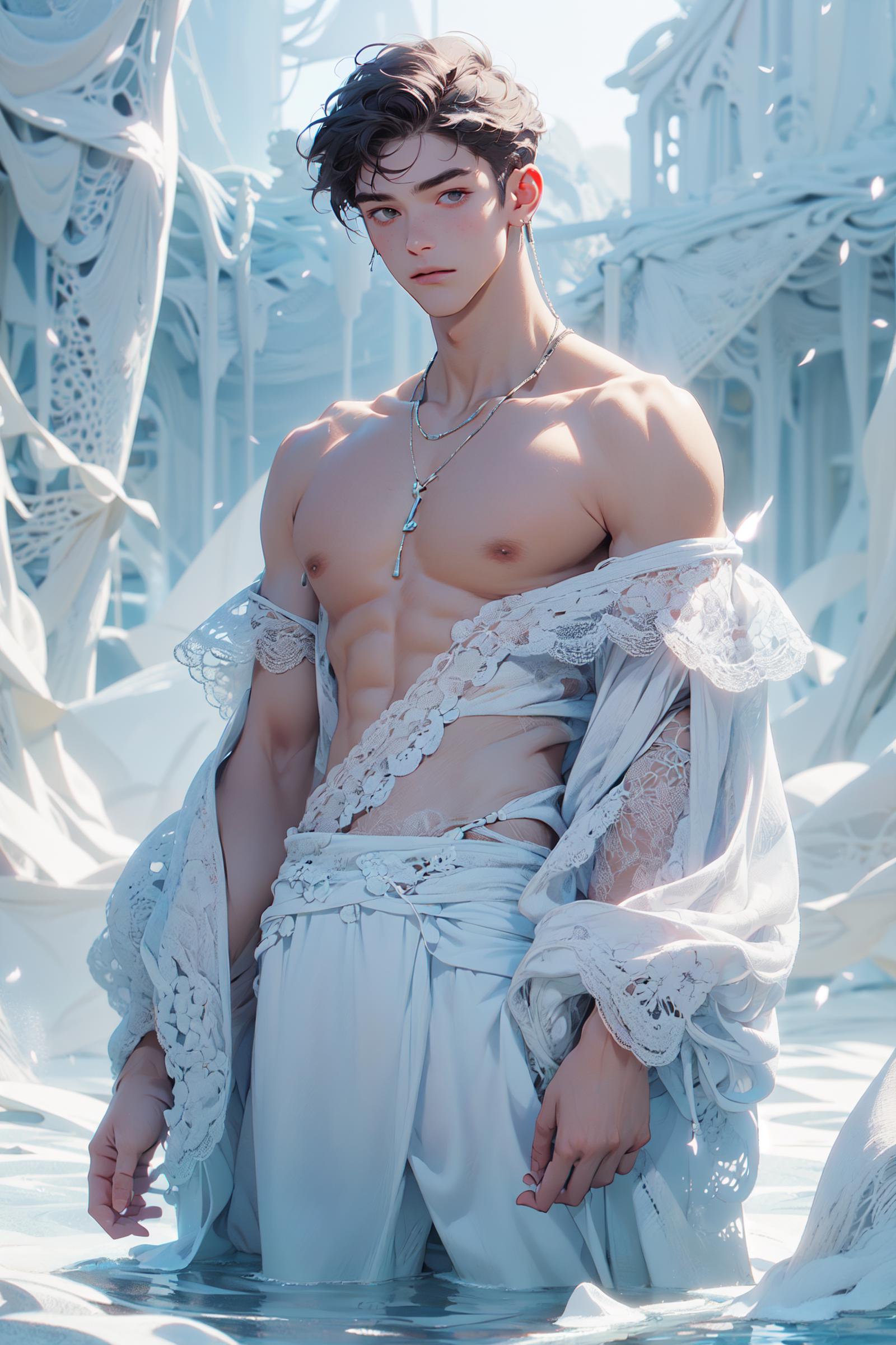 A Sexy Shirtless Man in a White Gown.