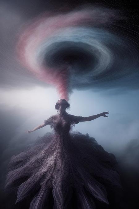 surreal, waltz of fractal smoke over the abyss, fantasy smoke, dresses and stars, dynamics, movement, wind, colorful, intricate details, perspective, hyper-detailed, hyper-realism, professional photoshoot