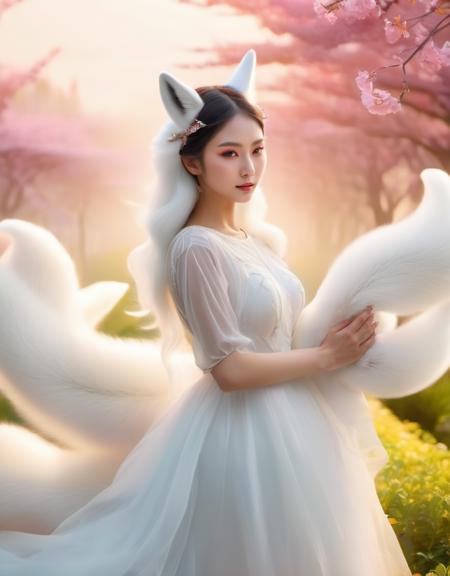 beautiful photo of a ((gumiho)) ((nine tailed white fox)) fox tail,fox ears, a beautiful  woman have 9 tails, very cute face, white silk dress ((half body view)) in a beautiful garden,looking at the viewer,white smoke , (cinematic pose) aurora background, perfect face perfect hands,detailed symmetric circular iris, love magic, beautiful sky realistic, stunning realistic photograph, 3d render, octane render, intricately detailed, cinematic, Isometric, fantasy theme, mystical, deviant art masterpiece, crimson eyes, colour grading, light illustration, extreme quality, extremely detailed, ultra-detailed face, ultra hd 8k,pink lightning, concept art, hyperdetailed, triadic colours, fantastical, intricate detail, splash screen, complementary colours, fantasy concept art, 8k resolution, soft lighting, film photography, film grain, hyperrealist  <lora:Mr_Fox Spirit:1>