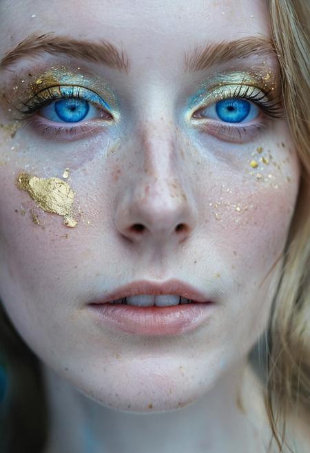 Close-up photography of a woman with blue eyes and expressive gaze, splashes of silver and gold pigments on her face. Pale skin with a few freckles. Background is slightly blurred, ethereal and enchanting atmosphere.
