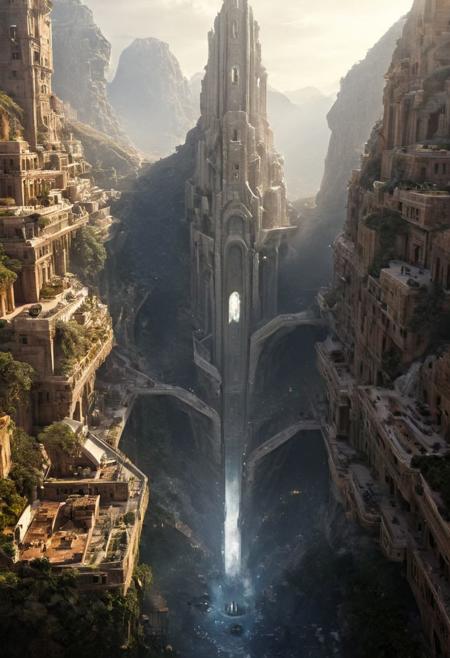 POV view , DOF,
(Ancient civilization, Alien Prometheus movie scene, dune movie scene:1.5), (The colonial city of the future, in the mist-filled Grand Canyon, on an unknown Earth-like planet, 2 moon on sky, Spaceship flight connects colonies, waterfulls:1.3), (Machu Picchu, a mountain settlement, incredibly spectacular:1.2), (Mario Botta:1.3), (avant-garde, future, reality, science fiction, photorealistic), (modern architecture:1.2), White limestone with black granite, fountain, waterfall, landmark, square, path, narrow street,
(Large Files, Ultra Realistic, 8K, 16k, FHD, HD, VFX, Perfect, Photography, composition, Architecture Sales Photography, Architecture Competition, Ultra High Resolution, Cinematography, High Resolution Image:1.1), (dramatic lighting, direct sunlight, ray tracing, clear shadow:1.2),  (real landscape:1.1), (blurred background:1.0), (urban background, more_details) ,
great lighting, clear, hillscastel, <stardeaf-cold-arc>, xtower, industrialbuilding