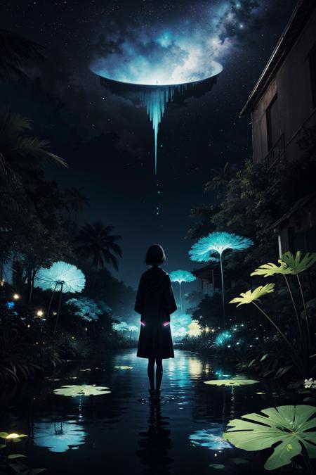 1girl, solo, masterpiece, highest quality, 8K, standing on water, reflective surface, worry free, (poster:0.76), (palm leaves), (rural village), glitter art style, white flowers, (neon black glow:1.2), night, dark theme, starry sky, (bioluminescence), ethereal, truth, 13