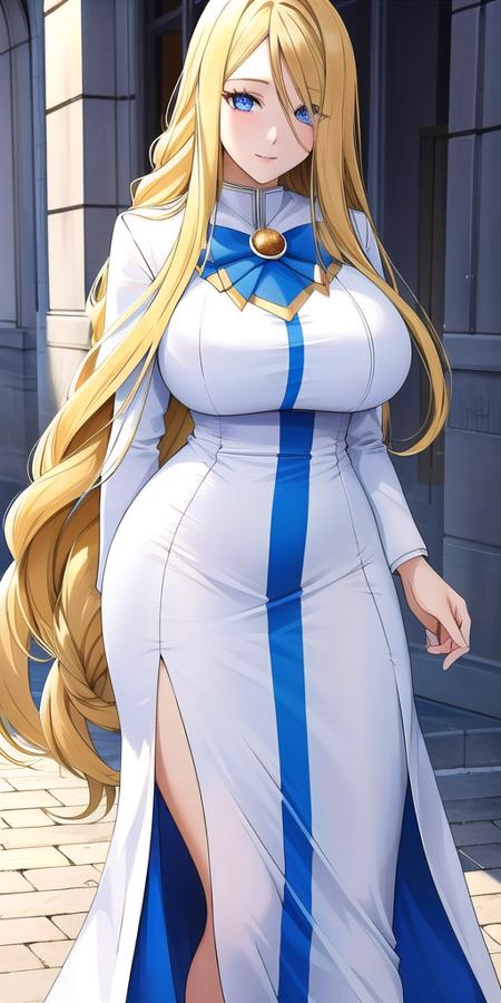 <lora:florence_aliciaV1:0.7> florence_alicia, huge_breasts, standing, solo, Winter_aria_company_uniform_White_long_dress_White_capelet_Blue_bowtie_Long_sleeves_high_collar_Side_slit,, masterpiece, best quality, detailed face, detailed eyes, highres,