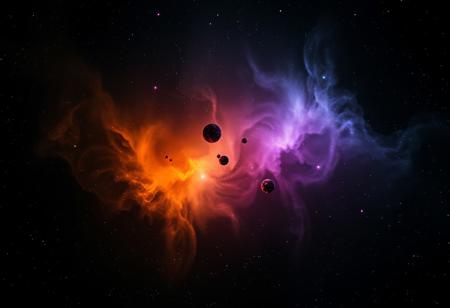 photorealistic dark translucent cosmic nebula in hues of black, orange, blue, and purple, and with 6 diffraction lines on stars