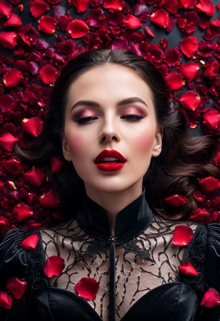 vibrant colors, mistress, masterpiece, sharp focus, best quality, depth of field, ((8k)), glow behind, excited face, red lips, beautiful look, ((closed black-red outfit)), ((fantasy Gothic style)), ((beautiful portrait)), ((close-up of face)), ((rose petals are falling)), ((rose petals everywhere)), photorealism, highly detailed