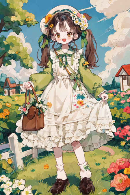 best quality, masterpiece, extremely detailed, detailed background, 1girl, flower, solo, dress, apron, smile, food, open mouth, grass, fruit, twintails, long sleeves, white headwear, long hair, brown footwear, ribbon, bag, hat, yellow flower, brown eyes, white socks, socks, :d, bow, orange flower, green dress, white apron, blush, full body, green ribbon, shoes, frills, brown hair, bangs, standing, green bow, white flower, apple, tulip, cross, frilled dress, frilled apron, hat flower, collared dress, sleeve cuffs, pink flower, brown bag, hair ribbon, daisy, skirt hold garden, sunlight, scenery