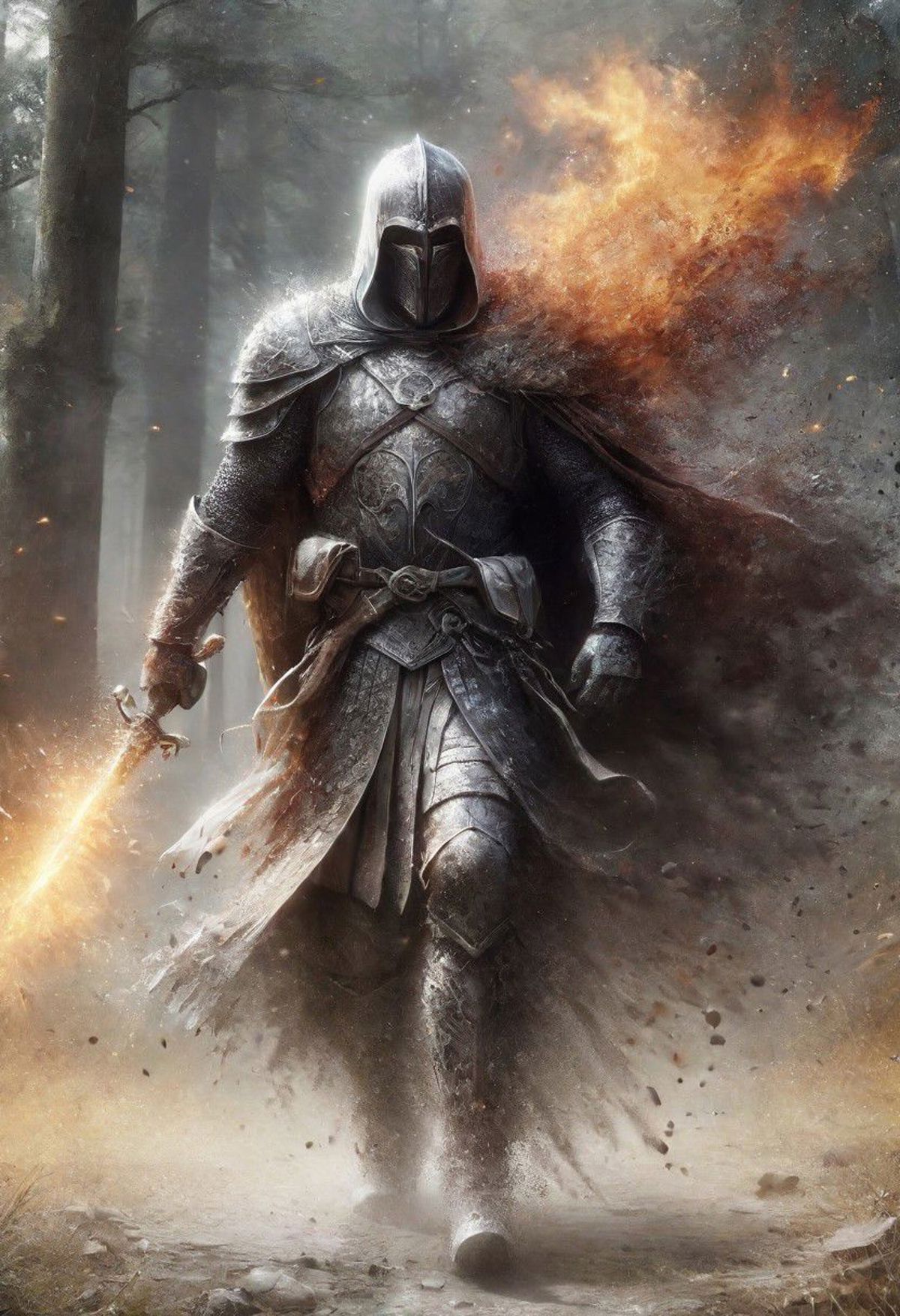 A knight in armor with a sword, walking through a forest.