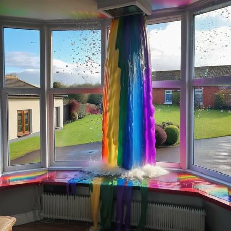 real photo of a ukj style house, powerful forceful waterfall of  rainbow from large open windows, hilarious scene, shattering glass, 8k, best quality <lora:rainow_sdxl_ukjstyle_v111602-000003:1>