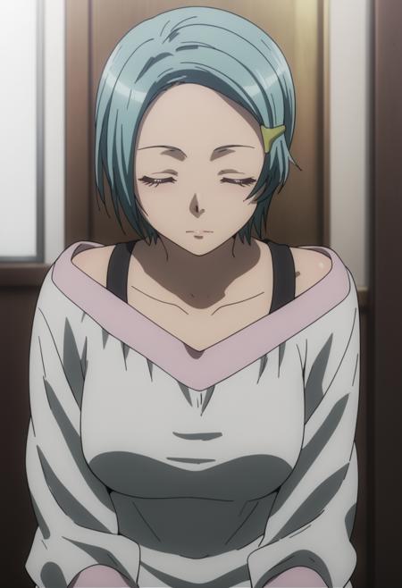  karuko hitomi, short hair, hairclip, blue hair, dress, off shoulder closed eyes half-closed eyes