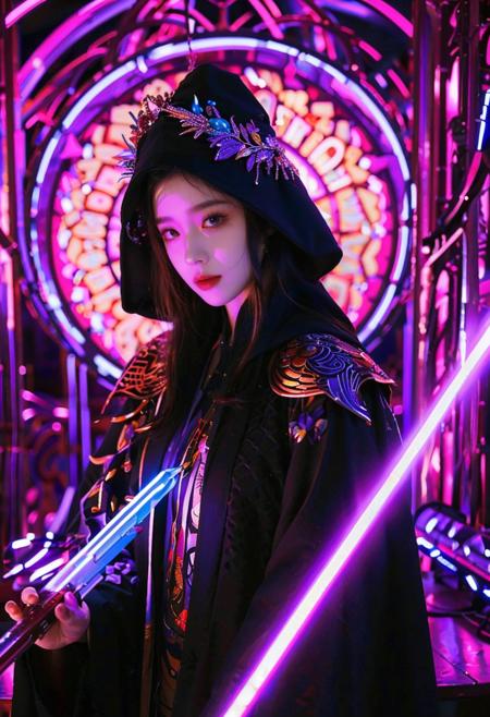 Vibrant Rim Light, cinematic photo Hanfu photography, cinematic angle, fisheye, dynamic perspective, intricate details, wide angle, cinematic lighting,  motion blur, 
Best quality,(masterpiece:1.2),cinematic photo,glowing sword, weapon, holding glowing sword, fighting stance,
A girl wearing jewelry cape, hair ornament,hanfu, has many glowing neon stripes upstream of the Hanfu.
Delicate balance of natural and artificial luminance. in a cyberpunk outfit. Futuristic, dystopian, metallic, neon . cyberpunk, vaporwave, neon, vibes, vibrant, stunningly beautiful, crisp, detailed, sleek, ultramodern, magenta highlights, dark purple shadows, high contrast, cinematic, ultra detailed, intricate, professional