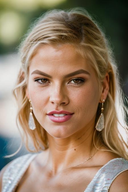 Realistic photo of a beautiful 4nn4n1c0l3-v2 woman, 1girl, solo, long hair, blonde hair, jewelry, earrings, parted lips, teeth, mole, blurry, lips, depth of field, blurry background, portrait, freckles, realistic, mole on cheek, soft lighting, professional Photography, Photorealistic, detailed, RAW, analog, sharp focus, 8k, HD, DSLR, high quality, Fujifilm XT3, film grain, award winning, masterpiece<lora:4nn4n1c0l3-v2:1.0>