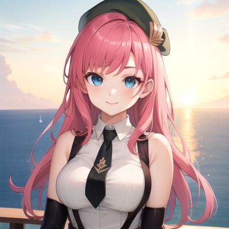 ((masterpiece)),(best quality),official art,extremely detailed CG,unity 8k wallpaper,ultra detailed,A lighthouse on a cliff by the sea,1girl,solo,upper body,(portrait:1.2),large breasts,gloves,suspenders,shorts,long hair,necktie,seductive smile,beret,pink hair,fingerless gloves,blue eyes,black thighhighs,sleeveless,shirt,suspender shorts,looking_at_viewer,<lora:Novice female-1.7(TNT):0.6>