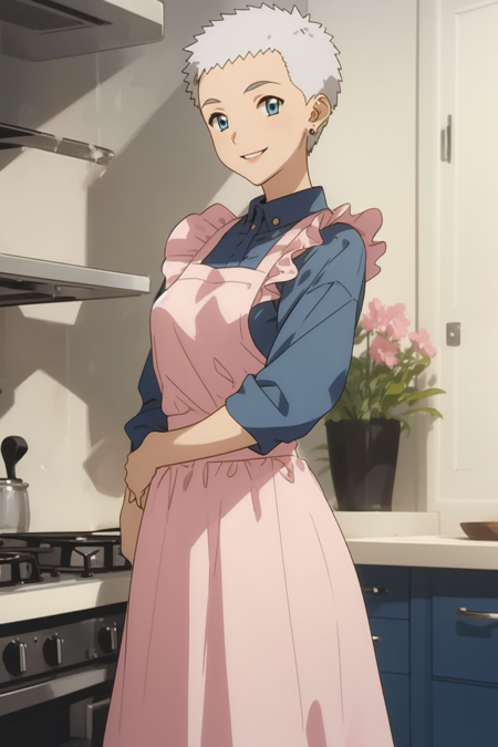 yayoi_schwael, blue eyes, grey hair, very short hair, short bangs, earrings, 1girl, solo, cowboy shot, A light pink frilled apron over a blue shirt, a long dark blue skirt, standing in the kitchen, smiling,