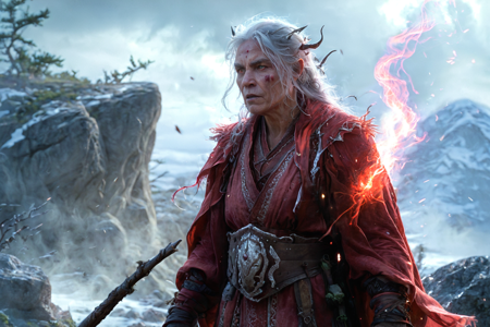 bioluminescent, an orc elder with green skin, gray hair, wearing a fur robe, holding a walking stick, solo, from the Darkridge Clan, with dark gray armor and ridge-like tattoos, a frozen tundra with icy ground, sparse vegetation, cold air, detailed background, preparing an ambush, hiding in bushes, exhausted, slumping posture, environment focus, wide shot, a war drum ceremony with orcs drumming, chanting, preparing for battle, a wooden lance, nearby, on rocky terrain, jagged stones, windy, gusts blowing, leaves swirling, clouds racing, late night, dark sky, bright stars, cold air, best quality, vibrant colors, photorealistic style, high detail, high-definition, hyper-realistic, extremely high-resolution details, fine texture, incredibly lifelike, realistic, not cartoon, not drawing, highres, 4K resolution, source photo, realistic photo, masterpiece, best quality, amazing quality, very aesthetic, ultra-detailed, detailed textures, natural lighting, soft lighting, volcanic red tones, deep reds and blacks, soft light, side profile shot, full body visible, <lora:Mystic_Lumina_r1-000007:0.9>