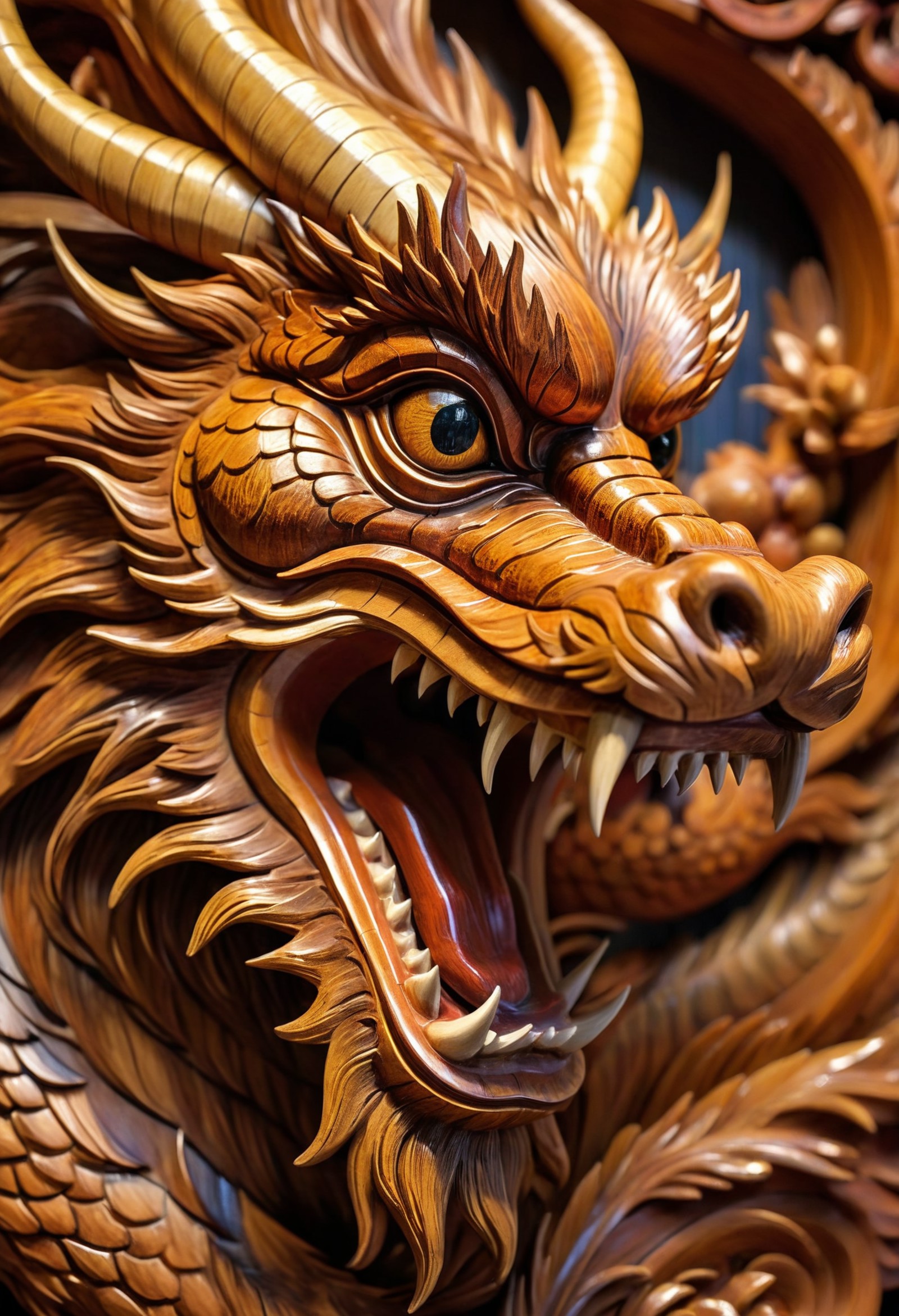 RAW photo, intricate woodcarving of a chinese dragon, wood grain, lacquer, sheen, bokeh, 8k, F2.8, ultra detailed, masterp...