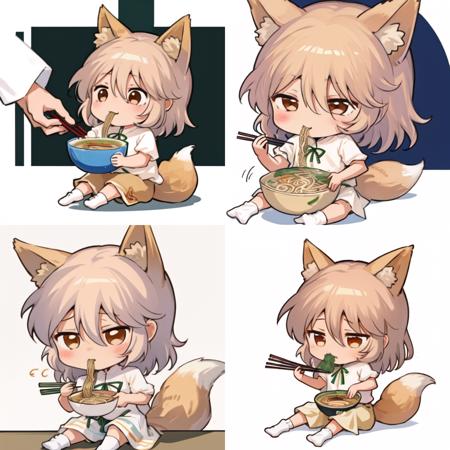 1girl, Kudamaki Tsukasa, fox ears, fox tail, hair between eyes, white socks, white shirt, green ribbon, <lora:Kudamaki_Tsukasa_v2.0:0.85>, ramen,chopsticks,eating, <lora:ramen_v4:1>, <lora:jokanhiyou:0.6>, white background