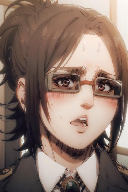 portrait of beautiful HangeAOT, 1girl, solo, blush, open_mouth, sweat, glasses, sweatdrop, parody, paradis_military_uniform, volumetric lighting, best quality, masterpiece, intricate details, tonemapping, sharp focus, hyper detailed, trending on Artstation, <lora:HangeAOT:1>