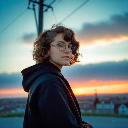 feminine, photograph, realistic, detailed, (small_breasts, perky_breasts, necklace, glasses, thick,
(20yo, nsfw, 1girl, pubic hair, short wavy hair, pretty, rouge,:1.4), sensual, exotic, mesmerizing, evocative, entrancing, artless, young, fresh, solo, (style of Henry Scott Tuke), (style of Anthony Thieme), (style of Gil Elvgren), :1.1), 
(1girl, solo, upper_body, sunset, power_lines, evening, sky, from_side, gradient_sky, long_sleeves, twilight, nose, jacket, clothes_writing, dusk, backlighting, blurry_background, sweater, turtleneck, sunrise, black_jacket, orange_sky, cloud, depth_of_field, sunlight, day, blue_sky, hood, gradient_background, hoodie, portrait, shirt,:1.0)