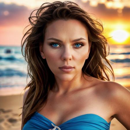 Picture, best quality, a woman in the beach at sunset, blue sky with clouds, portrait photo of beautiful SJ<lora:SJ:1.0>, grey eyes, looking at viewer, perfect face, perfect eyes, sharp focus, Intricate, High Detail, dramatic, photorealistic,