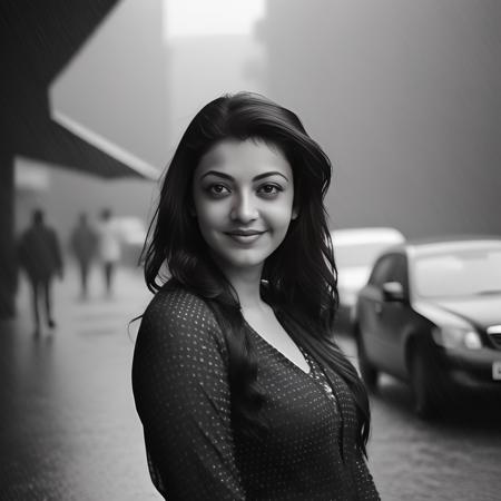 (KajalAgarwal) , photograph, Sexy Macanese Girl, Dark Seductive hair, Raining, Depressing, majestic, Bauhaus Art, film grain, Ilford HP5, F/8, Monochromatic Lavender filter, Best quality,  <lora:KajalAgarwalSDXL:1>