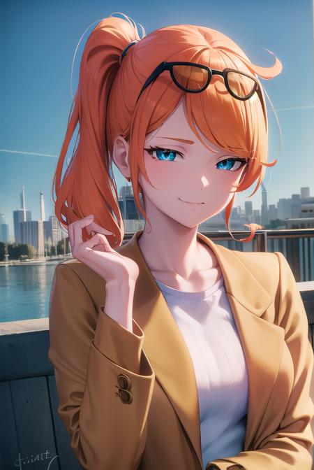 pokemonsonia, <lyco:pokemonsonia-lyco-nochekaiser:1>,
pokemonsonia, aqua eyes, heart, heart hair ornament, long hair, long sleeves, orange hair, side ponytail, swept bangs, <lora:sensualface_type2:1>, smile,
BREAK aqua footwear, aqua nails, aqua shirt, brown coat, brown jacket, coat, collarbone, eyewear on head, jacket, long sleeves, orange-tinted eyewear, pants, ribbed shirt, shirt, sunglasses, tinted eyewear,
BREAK looking at viewer, (upper body:1.2),
BREAK outdoors, city, sky, sun,
BREAK <lyco:GoodHands-beta2:1>, (masterpiece:1.2), best quality, high resolution, unity 8k wallpaper, (illustration:0.8), (beautiful detailed eyes:1.6), extremely detailed face, perfect lighting, extremely detailed CG, (perfect hands, perfect anatomy),