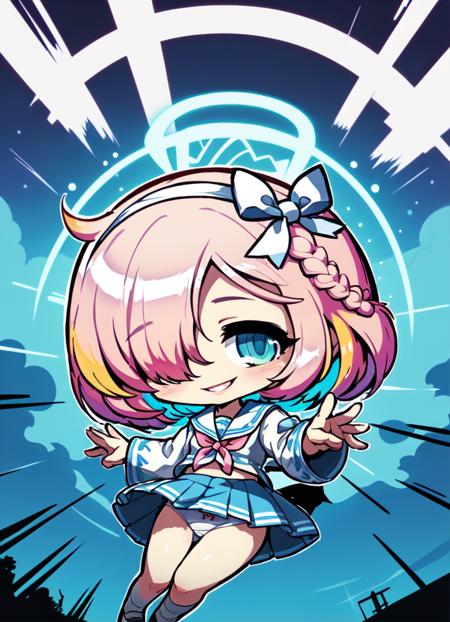 8k, 4k,nsfw,chibi,1girl, arona (blue archive), solo, halo, white skirt, skirt, sky, hair over one eye, blue hair, cloud, sailor collar, school uniform, blue eyes, braid, white sailor collar, hairband, shirt, blue shirt, serafuku, bow, looking at viewer, long sleeves, blue sky, pleated skirt, smile, pink hair, multicolored hair, short hair, single braid, underwear, bangs, panties, white bow, choker, day, ribbon, bow hairband, white choker, puffy sleeves, white hairband, cloudy sky