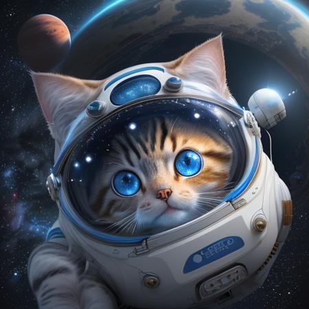 CG rendering of delicate scene, a cat, full character, big blue eyes,wearing astronomy spacesuit and helmet, floating through the blue sky by many planets, eyes focus, extremely detailed, deep details, clear details, ultra-wide shot, best quality, highres, <lora:FairyTaleV1a_SD1.5:0.3>