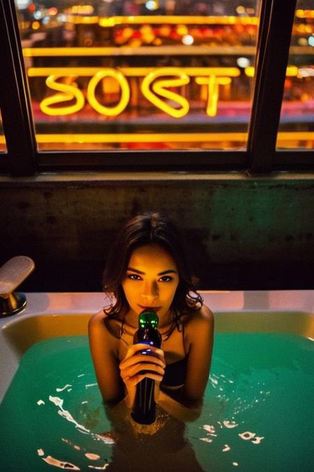 In a low-key style with the grainy texture of expired film, the photo offers a close-up view from above of a photo-realistic close-up medium shot of a beautiful girl's figure laying down in a bathtub, depicted in full body. One hand is reaching down out of the bathtub, holding a wine bottle. The attention to detail captures every nuance of the subject's features and attire, creating a lifelike representation that almost breathes with realism. Against the backdrop of vibrant, full-color, saturated neon city lights visible through the big windows, the scene comes alive with a plethora of hues and tones, infusing warmth and urban energy. The subject's expression exudes a sense of calm amidst the bustling cityscape. Bathed in the dim neon-colored light from the blacked-out large windows showcasing the city's glowing neon signs, the scene is a captivating mix of dramatic shadows, heightened by a subtle rim light tracing along her silhouette, and accentuated by a soft hair light adding dimension and allure to her hair strands.