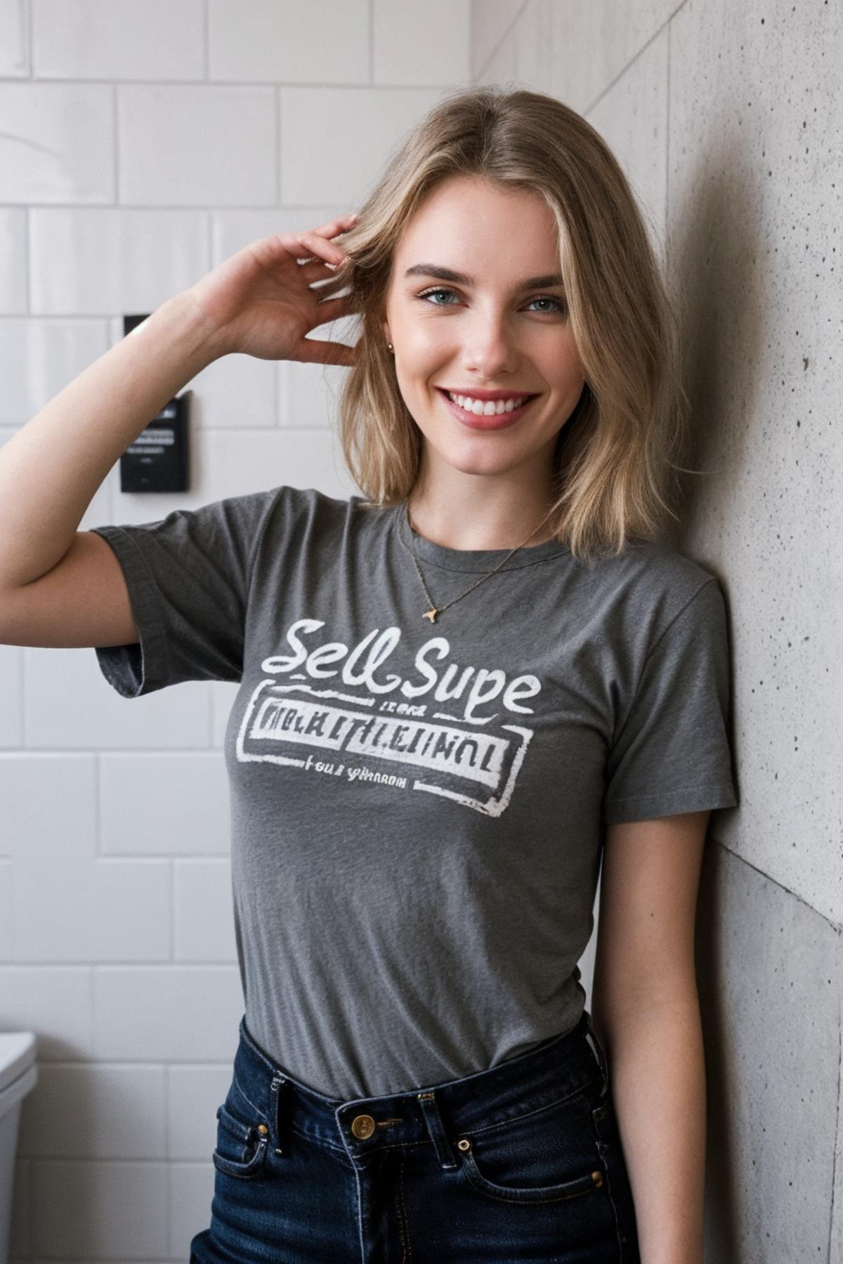 A smiling woman wearing a shirt that says "SELL SUPRE" leans against a wall.