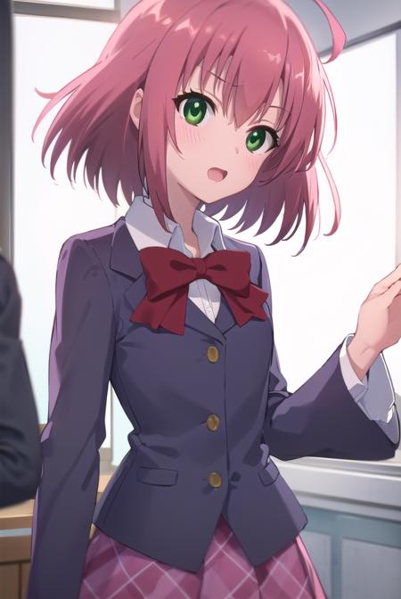 kurimusakurano, <lora:kurimu sakurano s2-lora-nochekaiser:1>,
kurimu sakurano, short hair, ribbon, (green eyes:1.3), hair ribbon, pink hair, ahoge, smile, open mouth,
BREAK skirt, school uniform, plaid, plaid skirt, shirt, white shirt, collared shirt, jacket, long sleeves,
BREAK indoors, classroom,
BREAK looking at viewer, (cowboy shot:1.5),
BREAK <lyco:GoodHands-beta2:1>, (masterpiece:1.2), best quality, high resolution, unity 8k wallpaper, (illustration:0.8), (beautiful detailed eyes:1.6), extremely detailed face, perfect lighting, extremely detailed CG, (perfect hands, perfect anatomy),