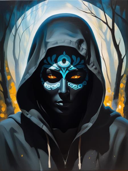 <lora:NatureLandscapePainting01_Hap_XL:2.8>, <lora:add-detail-xl:0.3>, nature,serene,oil painting,brushstrokes painting,illustration,impressionistic,visual depth, A ghostly female silhouette. Messenger of Nature God. Exiled shaman. integral mask.dark canvas toge. Canvas hood. Runic circle. Elements. Power from inside. Glowing eyes. Bokeh blur. photorealistic,