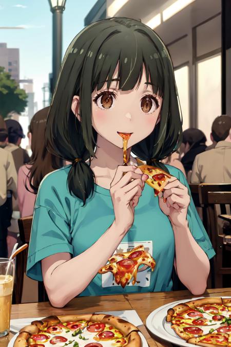 masterpiece, best quality, absurdres, 1girl, solo, HinoAkira, low twintails, t-shirt, eating, table, upper body, pizza, happy, lamp, outdoors, street, lamppost, <lora:HinoAkira:0.8>