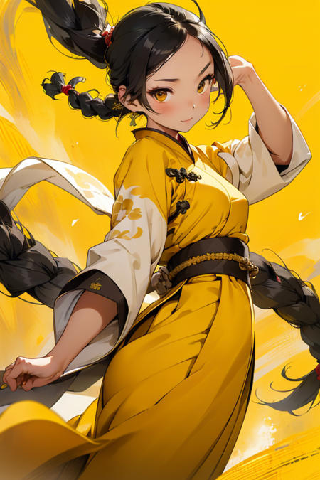 Masterpiece, close up, 1girl, wear yellow hanfu, black pants, Chinese Traditional cloth, long black hair, hair braid, sand, dust, wind, yellow background, ink painting style, dynamic pose
