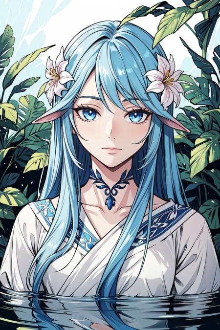 portrait, solo, upper body, looking at viewer, detailed background, detailed face, 1boy, Nymph, ethereal nature spirits, soothing blue eyes, hair that flows like leaves or water, adorned with flowers and natural elements, serene expression, caretakers of the natural world feeling of the image.